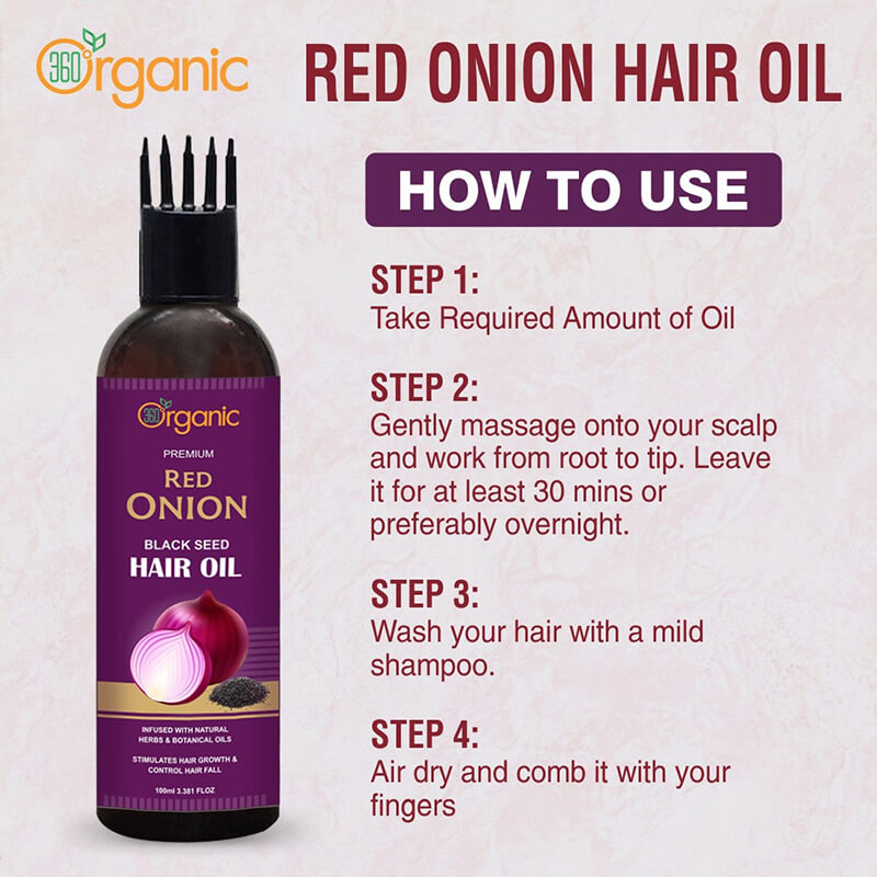 360 DEGREEORGANIC Red Onion Black Seed Hair Oil WITH COMB APPLICATOR Controls Hair Fall - 100 ml