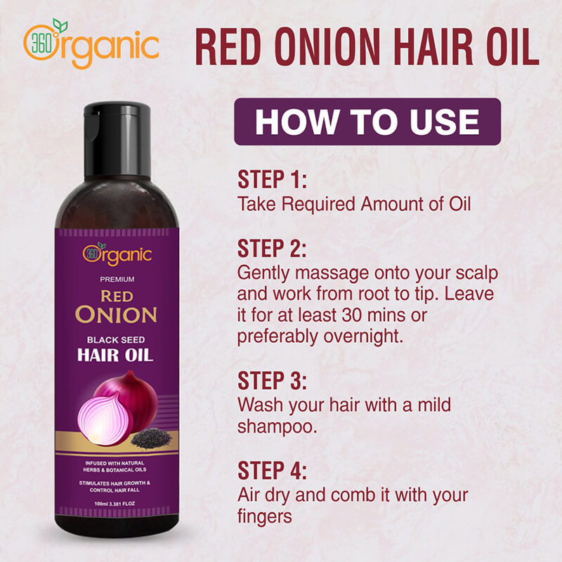 360 DEGREEORGANIC Red Onion Black Seed Hair Oil WITH COMB APPLICATOR Controls Hair Fall - 100 ml