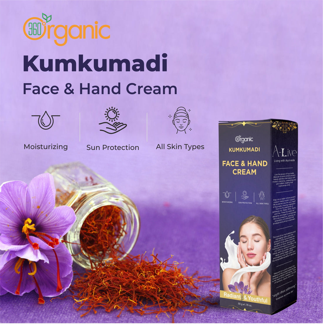 360 Degree Organic Kumkumadi face and hand cream for Moisturising Face and hand Cream for Glowing Skin - 50g