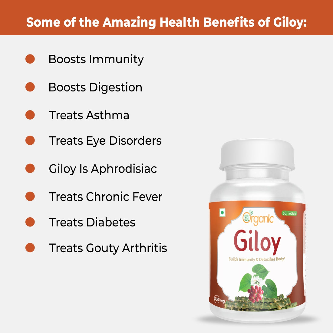 360 Degree Organic Giloy Tablets  500 mg  (60 Tablets)