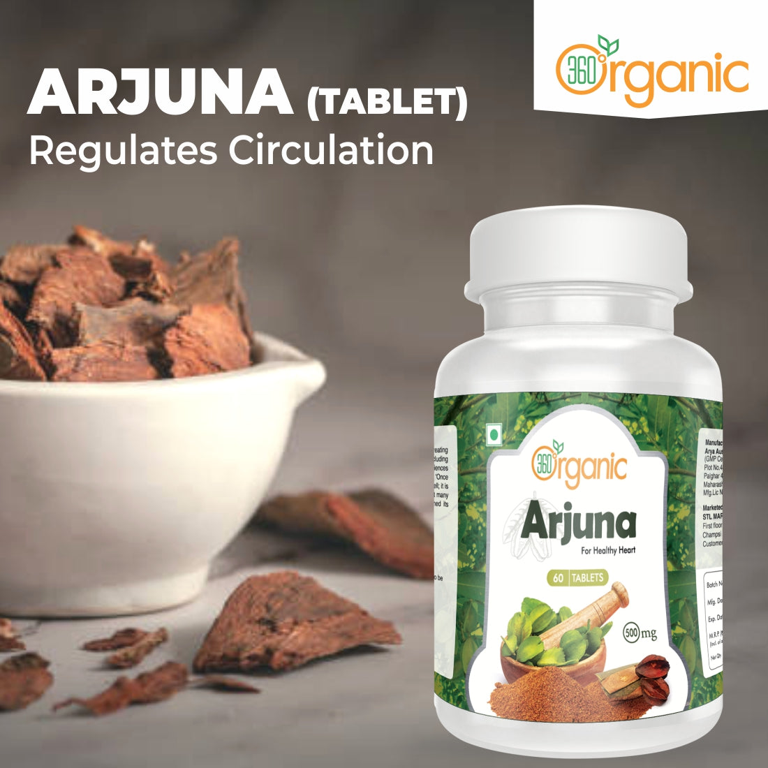 360 Degree Organic Arjuna Tablets  500 mg  (60 Tablets)