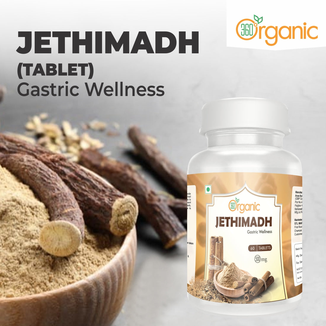 360 Degree Organic Jethimadh Tablets  500 mg  (60 Tablets)