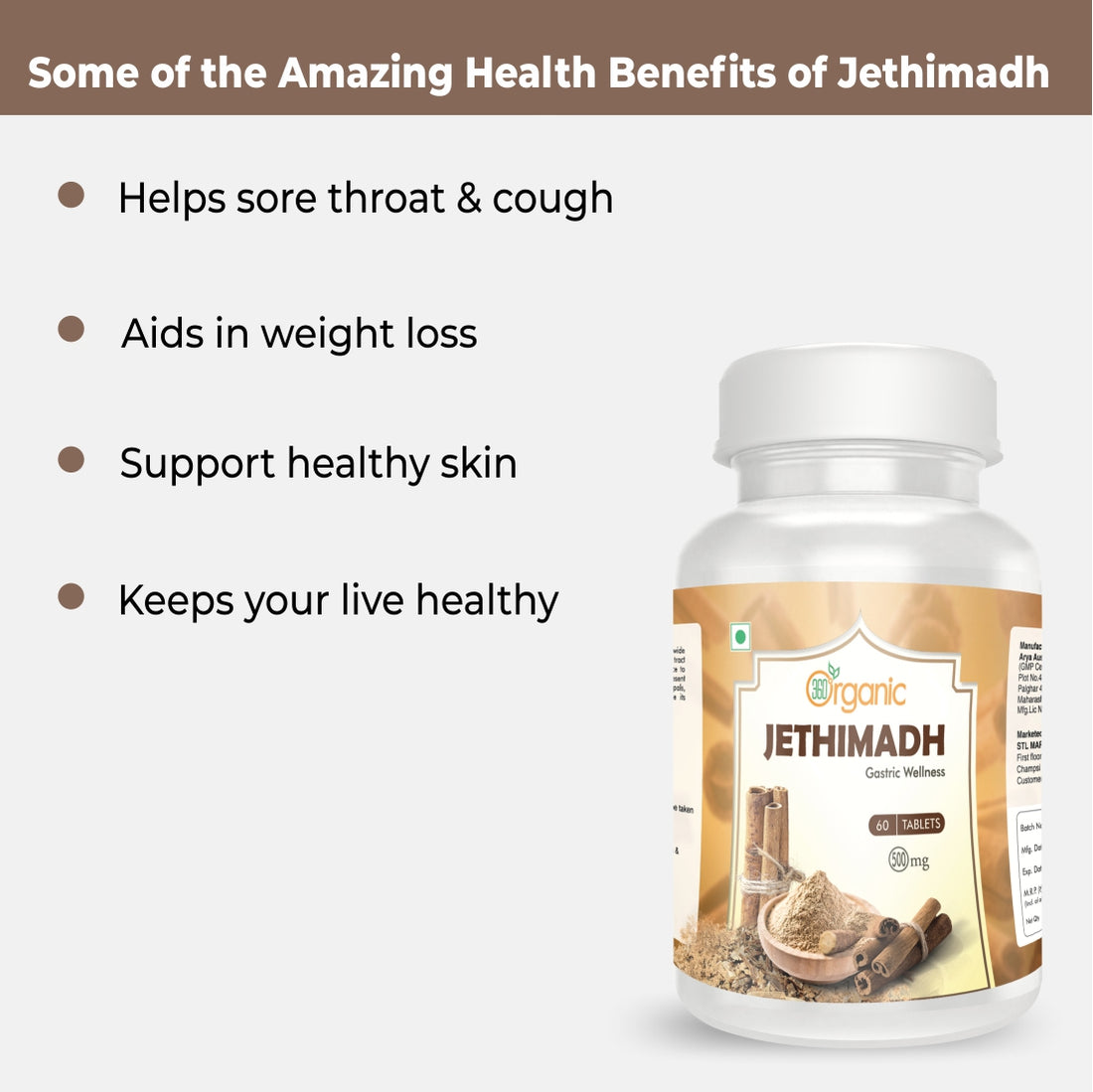 360 Degree Organic Jethimadh Tablets  500 mg  (60 Tablets)