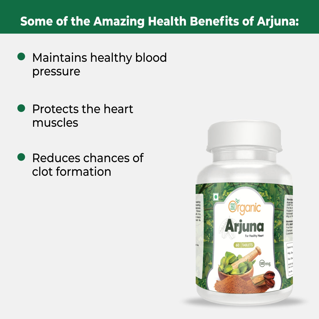 360 Degree Organic Arjuna Tablets  500 mg  (60 Tablets)