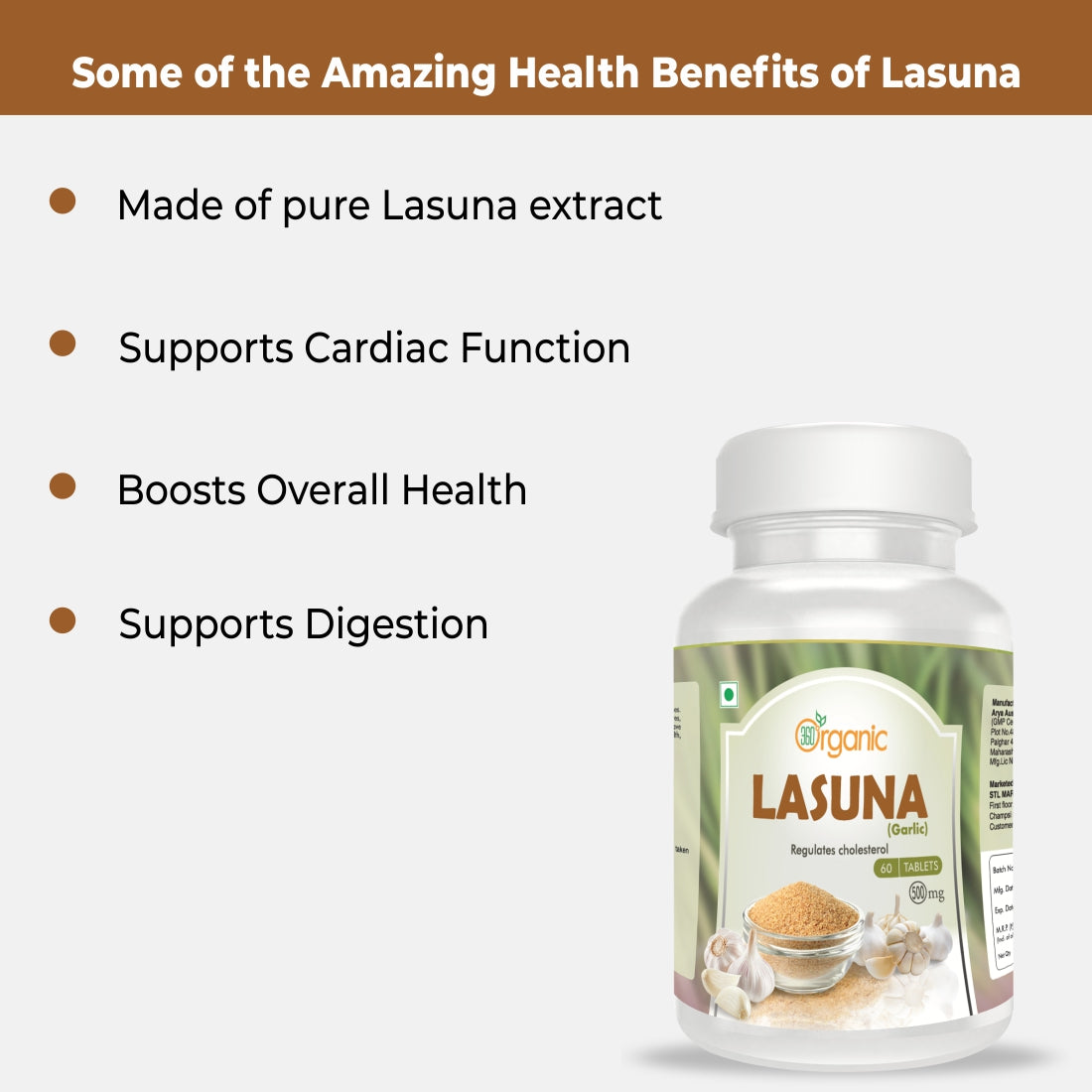 360 Degree Organic Lasuna Tablets  500 mg (60 Tablets)