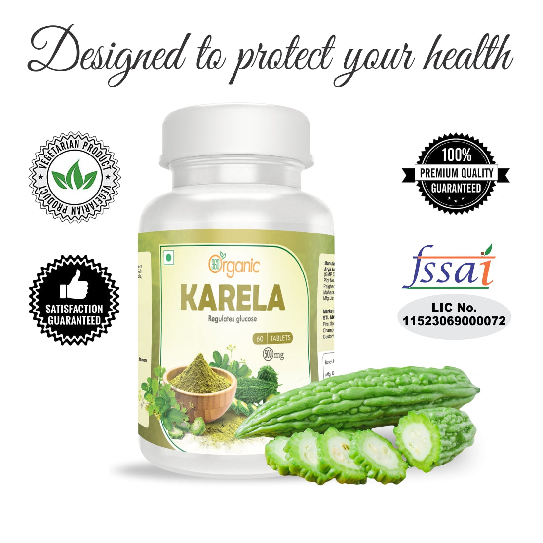 360 Degree Organic Karela Tablets  500 mg  (60 Tablets)