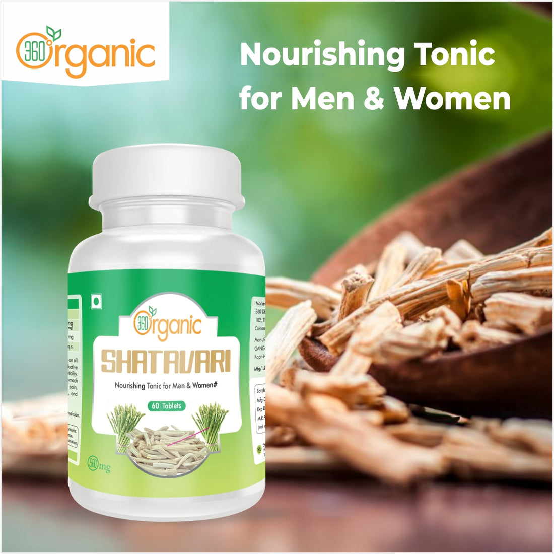 360 Degree Organic Shatavari Tablets 500 mg (60 Tablets)