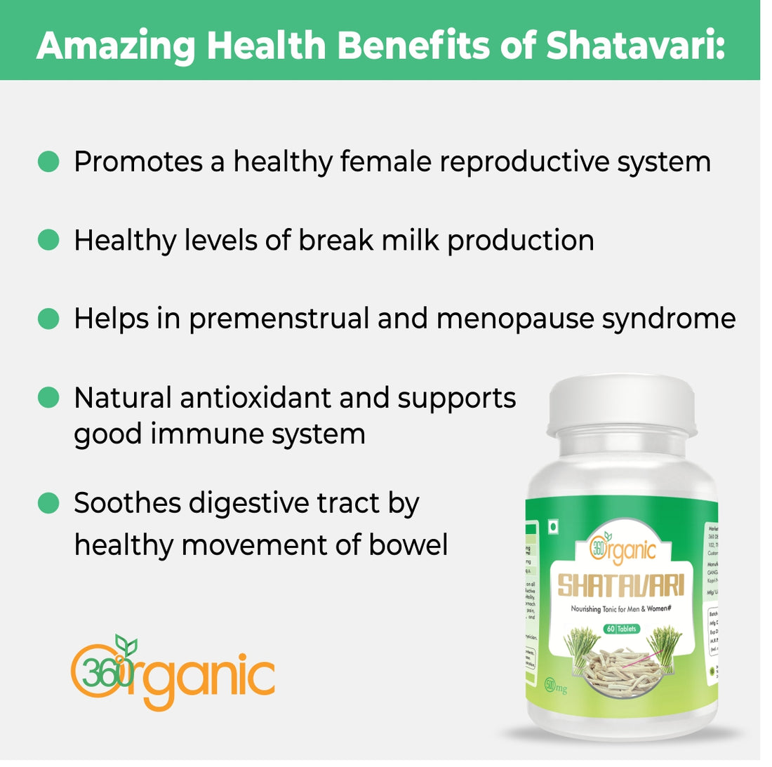 360 Degree Organic Shatavari Tablets 500 mg (60 Tablets)