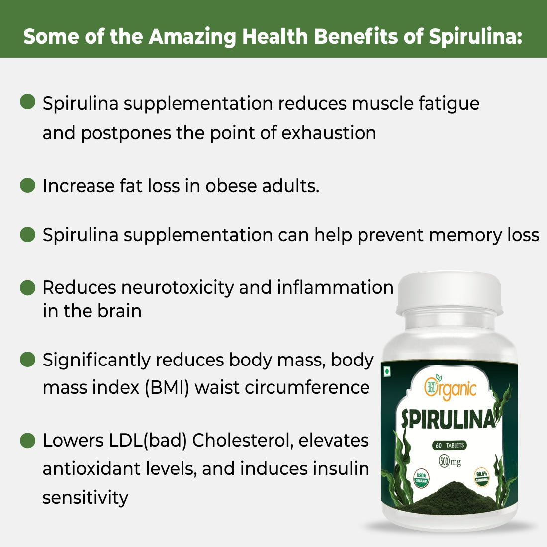 360 Degree Organic Spirulina Tablets  500mg (60 Tablets)