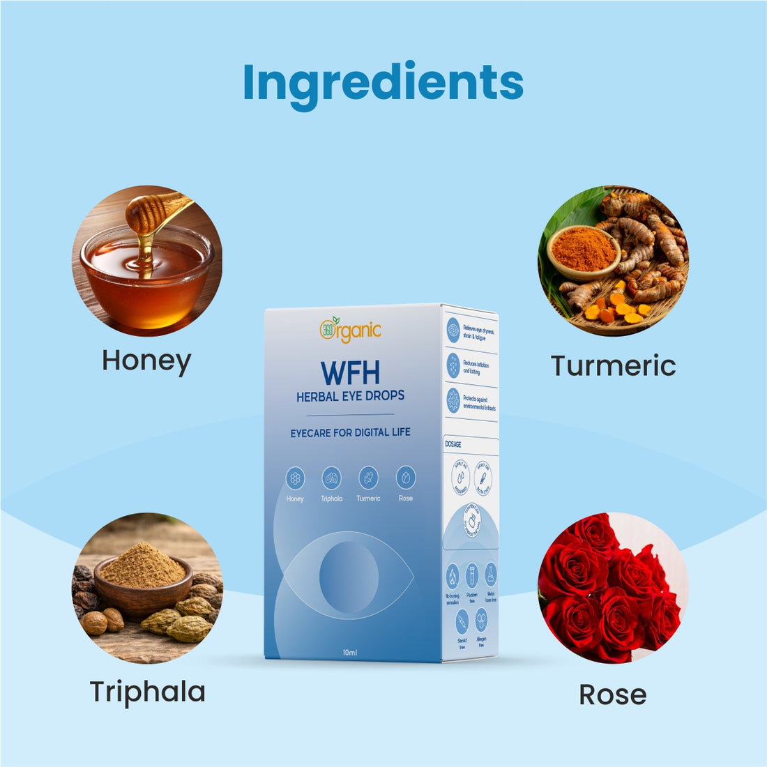 360 Degree Organic WFH Ayurvedic Eye Drops 10ml (For Digital Care) (Pack of 3), Free 1 pcs 5ml worth Rs 100.